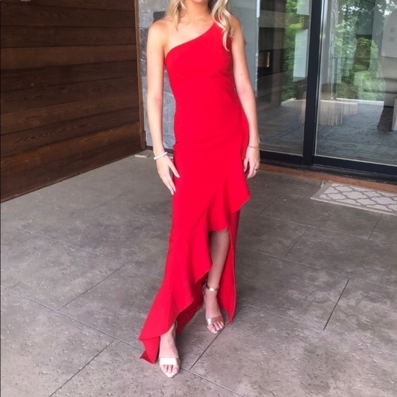 LIKELY size 4 red ruffle prom dress one shoulder  holiday Christmas maxi stretch - Picture 2 of 16